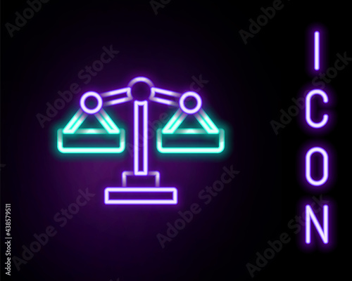 Glowing neon line Scales of justice icon isolated on black background. Court of law symbol. Balance scale sign. Colorful outline concept. Vector
