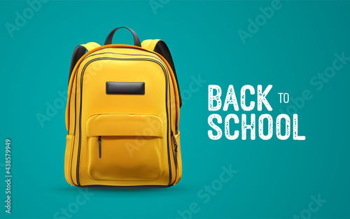 Back to school white vintage sign with yellow school bag isolated on blue background