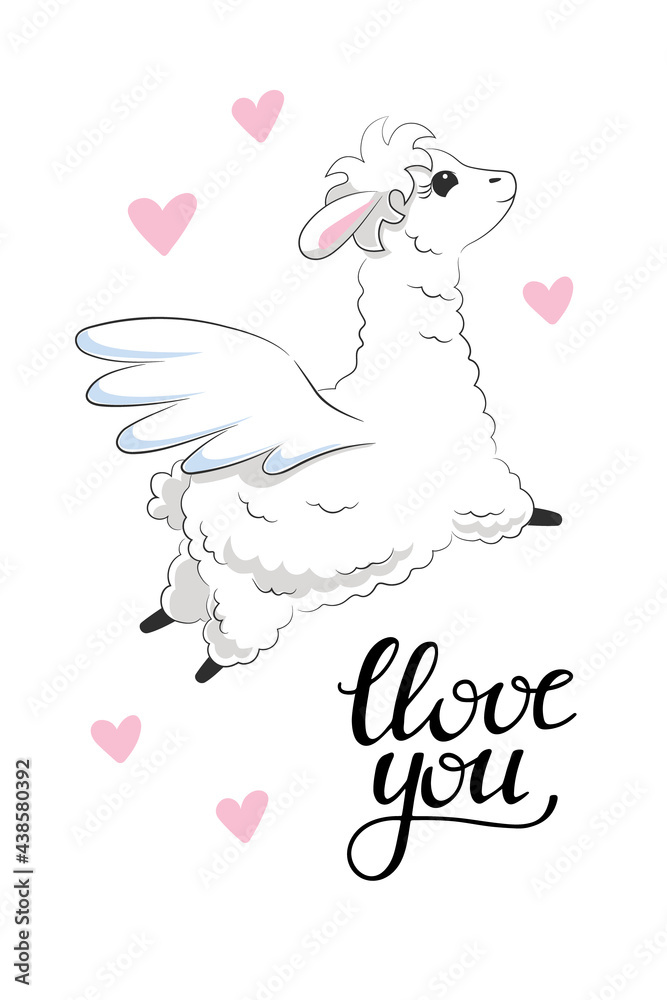 Fototapeta premium Cute white fluffy llama flying with pegasus wings surrounded by pink hearts and phrase love you. Hand drawn animal for greeting card wall art for kids room nursery. Stock vector illustration isolated.