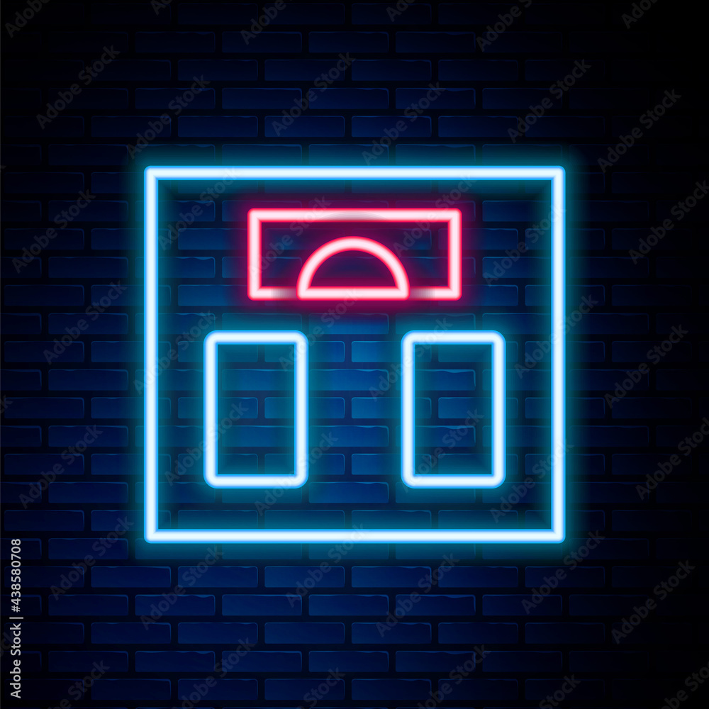 Glowing neon line Bathroom scales icon isolated on brick wall background. Weight measure Equipment. Weight Scale fitness sport concept. Colorful outline concept. Vector Glowing neon line Bathroom scales icon isolated on brick wall background. Weight measure Equipment. Weight Scale fitness sport concept. Colorful outline concept. Vector