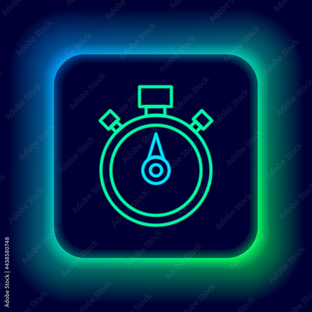 Glowing neon line Stopwatch icon isolated on black background. Time timer sign. Chronometer sign. Colorful outline concept. Vector Glowing neon line Stopwatch icon isolated on black background. Time timer sign. Chronometer sign. Colorful outline concept. Vector