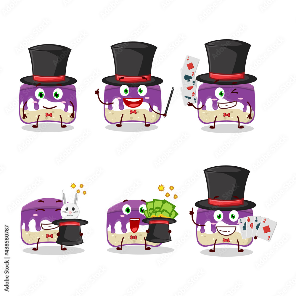 A grapes cake Magician cartoon character perform on a stage