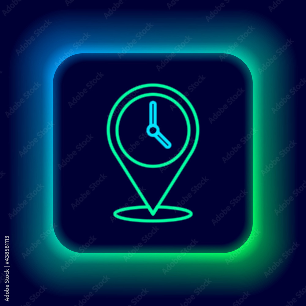 Glowing neon line Location with clock icon isolated on black background. Colorful outline concept. Vector Glowing neon line Location with clock icon isolated on black background. Colorful outline concept. Vector