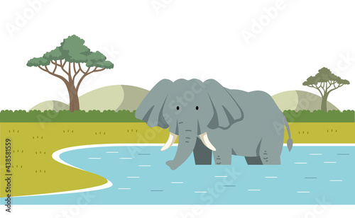 象と水辺のイラスト素材