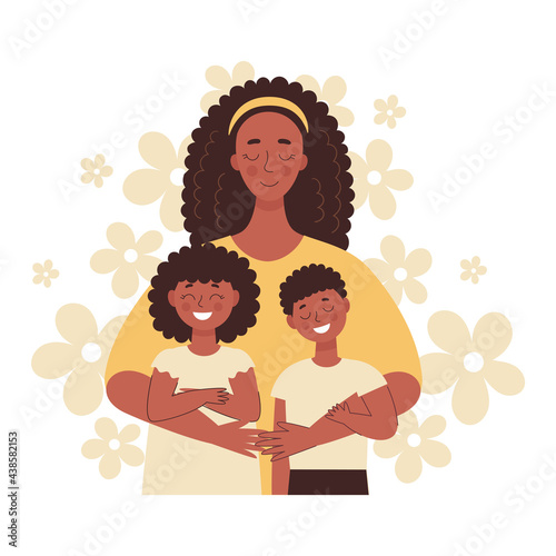 Beautiful African black woman hugs her children, mom hugs her children. Mother's day, women's day. Flat vector illustration isolated on white background.