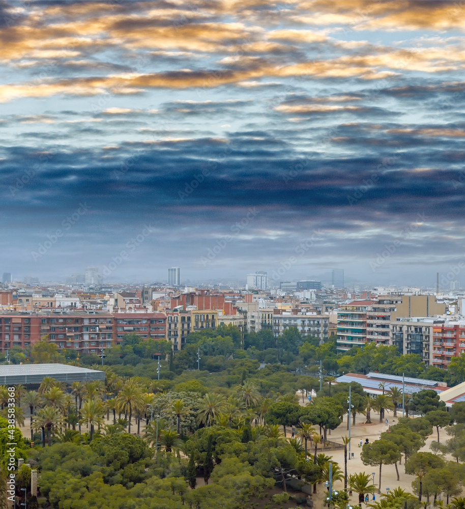 Aerial view of Barcelona skyline at dusk, Spain Aerial view of Barcelona skyline at dusk, Spain
