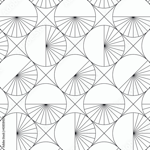 Geometric vector pattern, repeating diamond shape and circle with stripe linear on half circles. Pattern is clean for fabric, wallpaper, printing. Pattern is on swatches pane