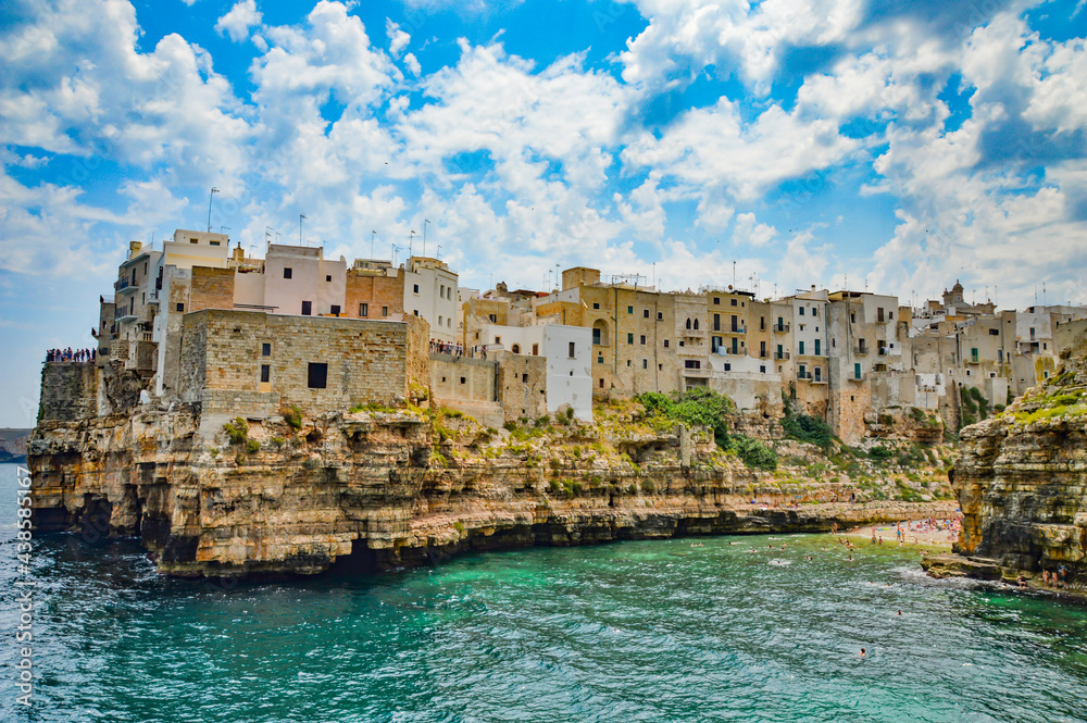 Panoramic view of Polignano a Mare, a village on the Apulian coast in Italy.