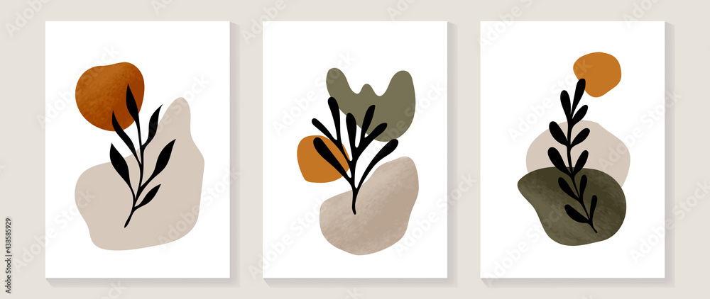 Botanical wall art vector set. Foliage line art drawing with abstract shape.  Abstract Plant Art design for print, cover, wallpaper, Minimal and  natural wall art. Vector illustration.