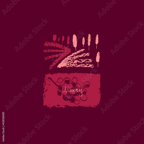 Grape vine field drawing. Winery sign template. Hand drawn pencil illustration for wine shop, store. Grapevine symbol for emblem vineyard, biodynamic wines, grape festival, wine bar sign.