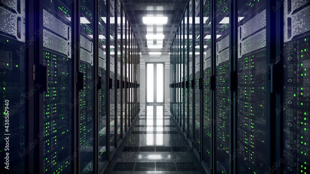 Servers racks walkthrough in Modern data center. Cloud computing datacenter server room. Cloud computing data storage 3d rendering. 4k UHD animation