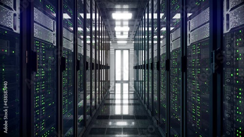 Servers racks walkthrough in Modern data center. Cloud computing datacenter server room. Cloud computing data storage 3d rendering. 4k UHD animation photo