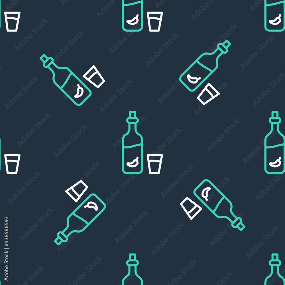 Line Vodka with pepper and glass icon isolated seamless pattern on black background. Ukrainian national alcohol. Vector Line Vodka with pepper and glass icon isolated seamless pattern on black background. Ukrainian national alcohol. Vector
