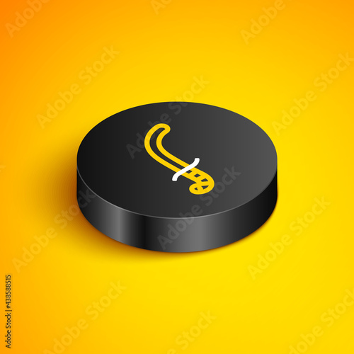 Isometric line Medieval sword icon isolated on yellow background. Medieval weapon. Black circle button. Vector