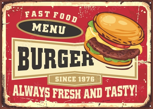 Canvas Print Fast food menu board with tasty burger illustration on red background