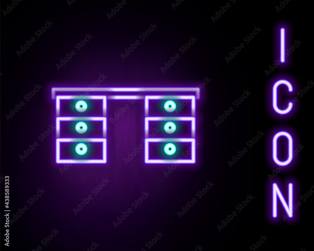 Glowing neon line Office desk icon isolated on black background. Colorful outline concept. Vector