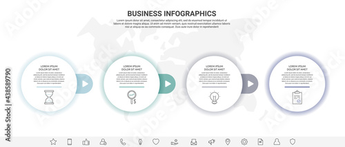 Vector infographics with four circles. Modern concept 4 icons with arrows for the app, website, interface, chart, levels, web, diagram, banner, presentations on white isolated background