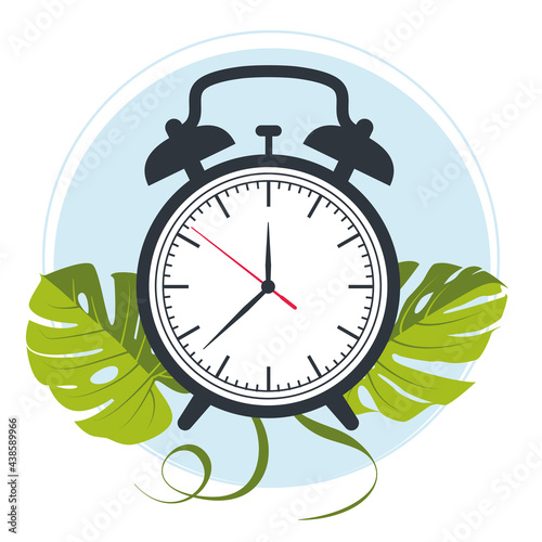 alarm clock vector on a beautiful background with monstera leaves
