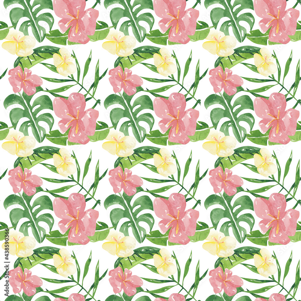 Watercolor tropical leaves and flowers seamless pattern