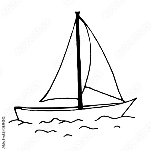 Doodle sailboat on the waves on a white background.Vector boat can be used in summer beach designs,textiles,postcards.