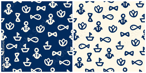 Set of nautic, maritime elements seamless repeat pattern. Vector, doodled anchor, fish, boat, flower and sandglass shape all over surface print on blue and ecru white background.