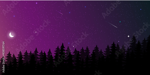 stars and silhouette of pine trees. Vector night landscape. Stars, moon, panorama, gloomy forest. moon above silhouettes of trees at night. 