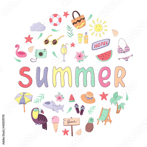 Set of colorful summer vacation doodles and lettering. Collection of clothes, accessories, food and drinks isolated on white background. Vector illustration in cartoon style for postcard, poster, stic