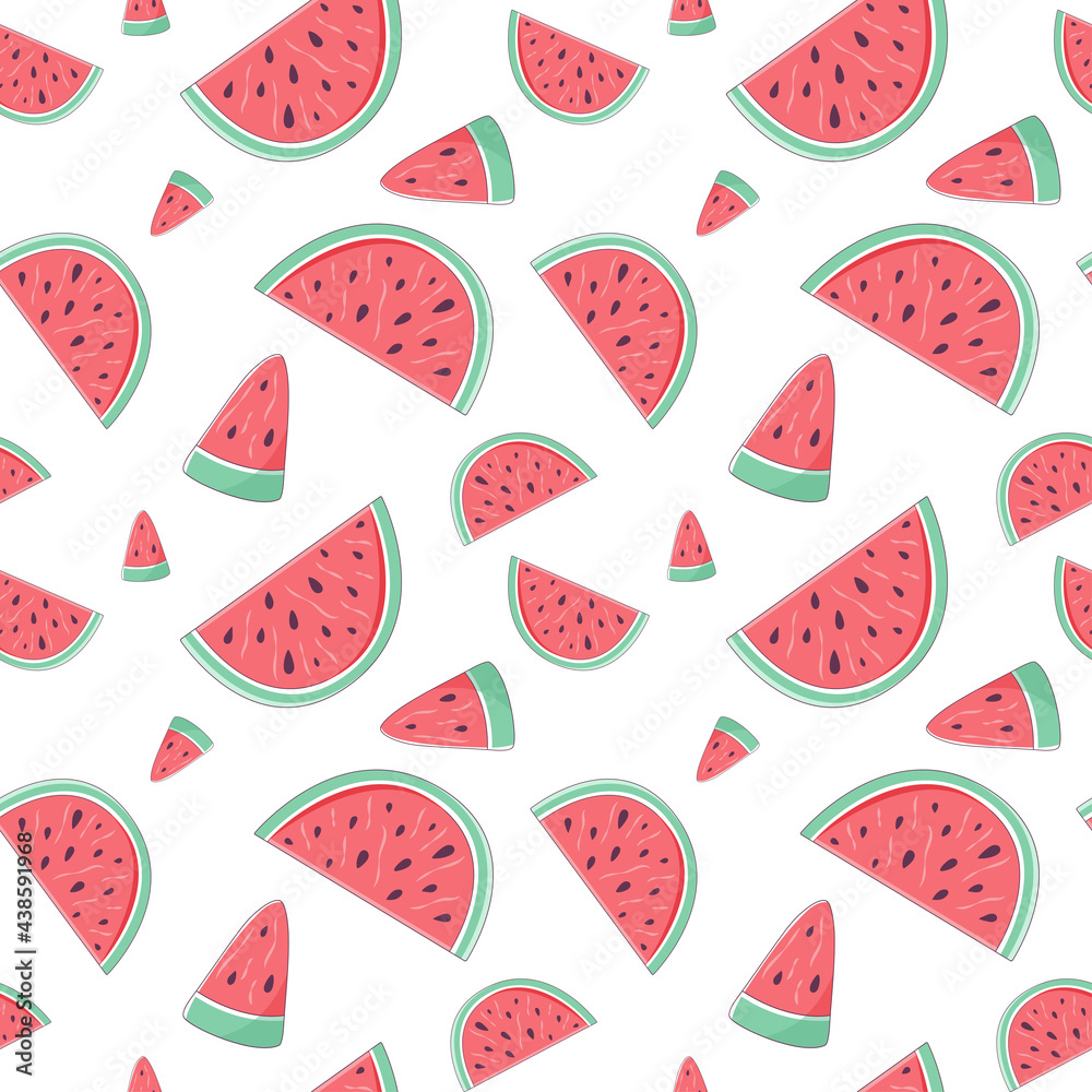 Summer seamless pattern with slices of watermelon. Endless texture with sliced juicy watermelon. Vector illustration in cartoon trendy style with strokes