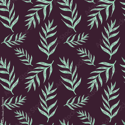 Summer seamless pattern with a branch of a palm tree on a dark background. Endless texture with tropical plant element. Trendy vector illustration in cartoon style.