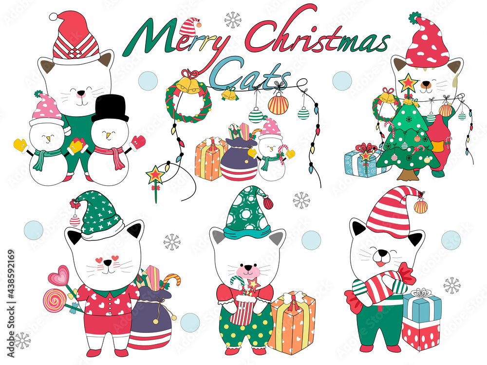 Merry Christmas, cute cats For Christmas decorations, cards, t-shirt designs, gifts, digital printing, fabric prints, digital paper, stickers, keychains, ornaments, mugs, kids arts, crafting, and more