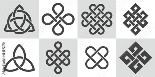 Endless knot. Set of cultural symbols of buddhism. Collection of sacred celtic patterns with intertwined knots. Medieval decorative ornament. photo