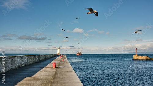 Entrance to Girvan harbour, a fishing port on the west coast of Ayrshire, Scotland.