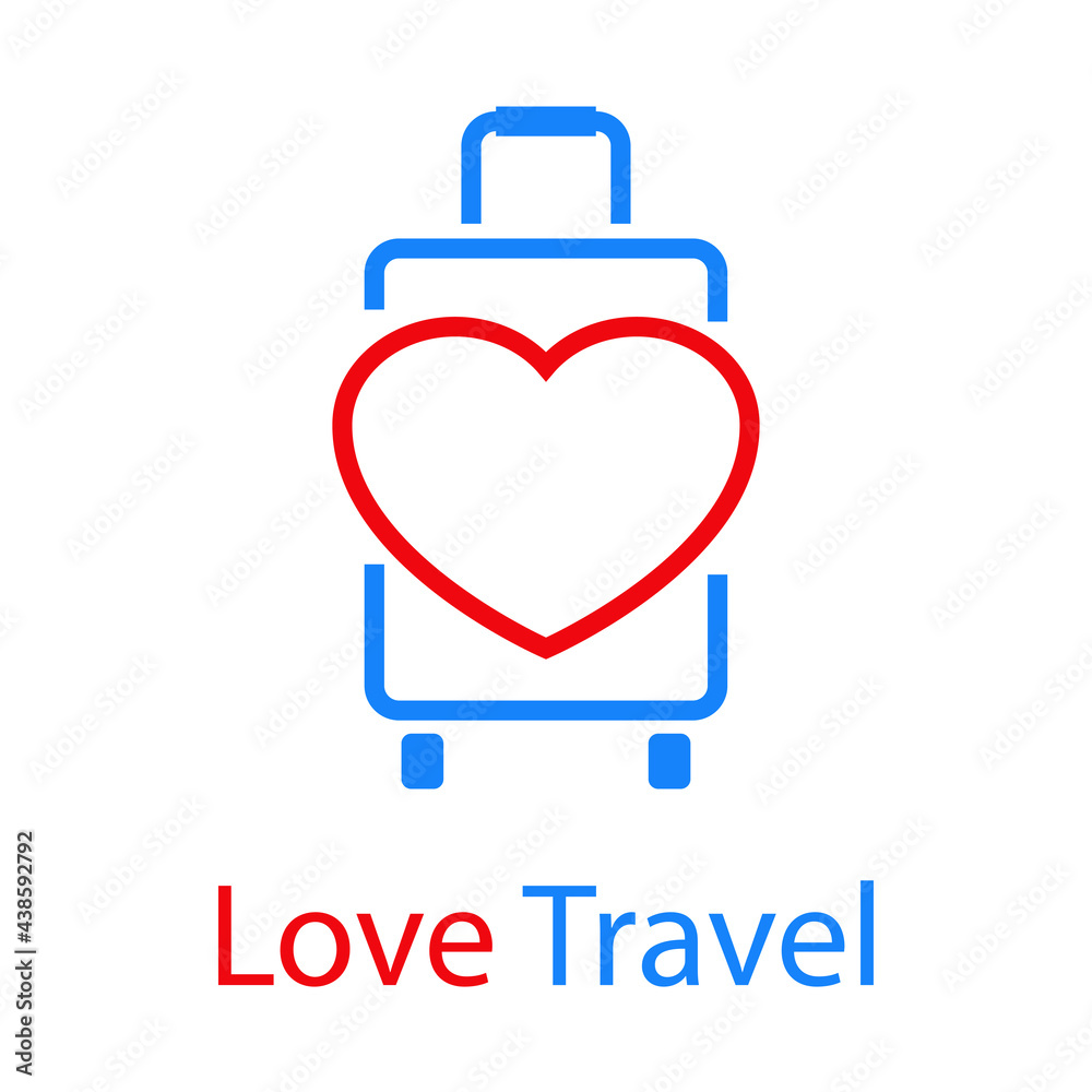 Viaje de luna de miel. Logotipo con texto Love Travel con corazón en maleta de ruedas con lineas en color azul y rojo Viaje de luna de miel. Logotipo con texto Love Travel con corazón en maleta de ruedas con lineas en color azul y rojo