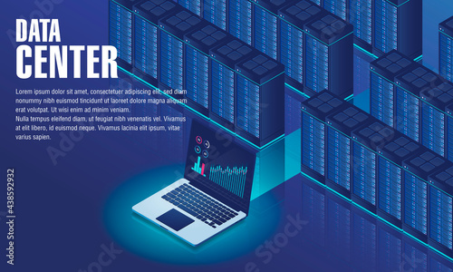 Isometric concept with laptop and data center. Server data room with laptop and data networking. Illustrator file with separate layers for each elements & background. 