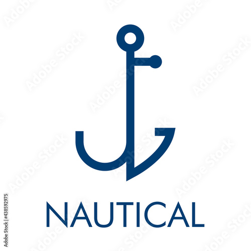 Logotipo con ancla de barco con forma de letra inicial J y texto Nautical en color azul