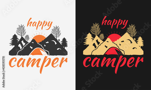 Happy Camper with mountain trees and sun camping logo label emblem with color variant for t-shirt design and many others, vector illustration