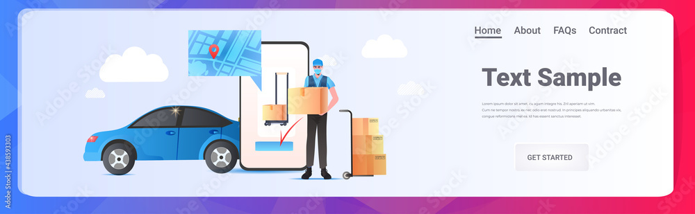 man courier in mask holding cardboard box express delivery service concept online shopping app horizontal