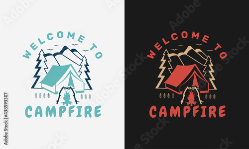 welcome to campfire with mountain, campfire and trees camping logo emblem with color variant for t-shirt design and many others, vector illustration