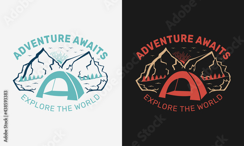 adventure awaits, tent with mountain and trees camping logo emblem with color variant for t-shirt design and many others, vector illustration