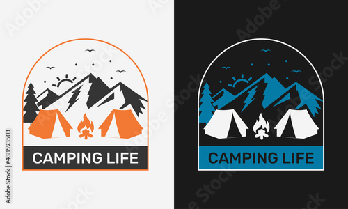 Camping life, tent with camp fire and mountain, camping logo emblem with color variant for t-shirt design and many others, vector illustration