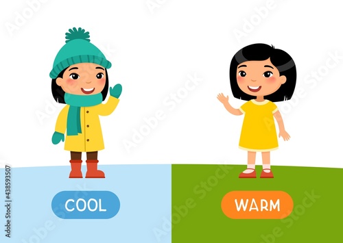 Warm and cool antonyms word card vector template. Flashcard for English language learning. Little Asian girl stands in winter clothes and in a summer dress