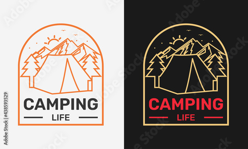 Camping life with tent mountain trees and sun, camping logo label emblem with color variant for t-shirt design and many others, vector illustration