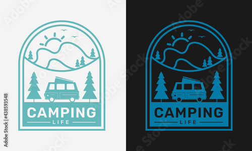 Camping life with van mountain tree and sun and camp fire camping logo emblem with color variant for t-shirt design and many others, vector illustration