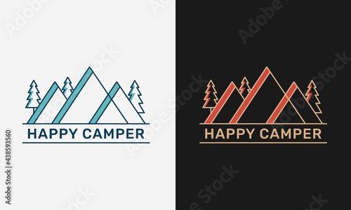 Happy camper with mountain and trees, camping logo label emblem with color variant for t-shirt design and many others, vector illustration