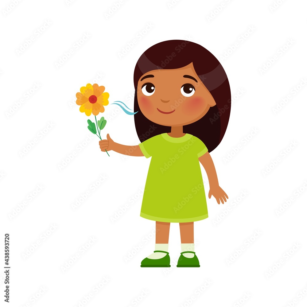 Indian little girl like the pleasant smell from a flower. Fragrance concept. Expression of emotion on the face of a dark skin child. Cartoon character . Indian little girl like the pleasant smell from a flower. Fragrance concept. Expression of emotion on the face of a dark skin child. Cartoon character .
