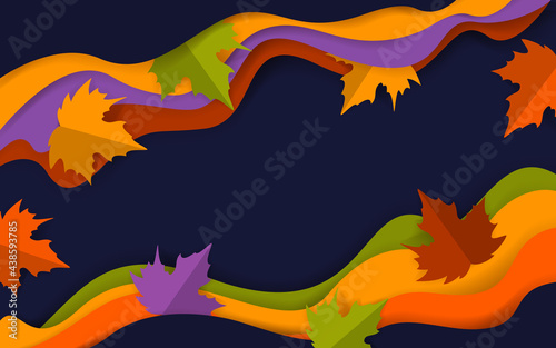 abstract wavy autumn fall thanksgiving season dark blue orange red green colored banner with paper art style maple tree leaves vector illustration