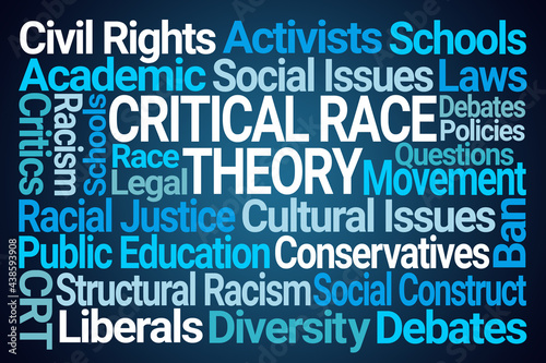 Critical Race Theory Word Cloud on Blue Background photo