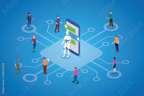 chatbot with robot and people communicate with modern flat isometric style