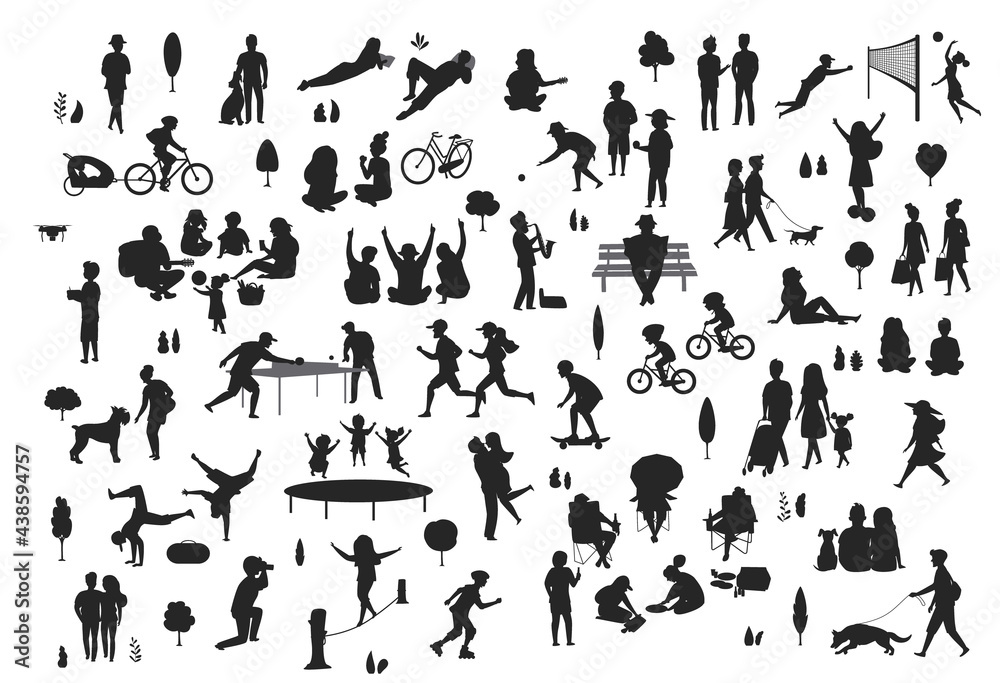 silhouettes of people in the city park scenes set, men women children make sport, walk,  at picnic, relaxing, celebrating