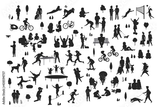 silhouettes of people in the city park scenes set, men women children make sport, walk,  at picnic, relaxing, celebrating